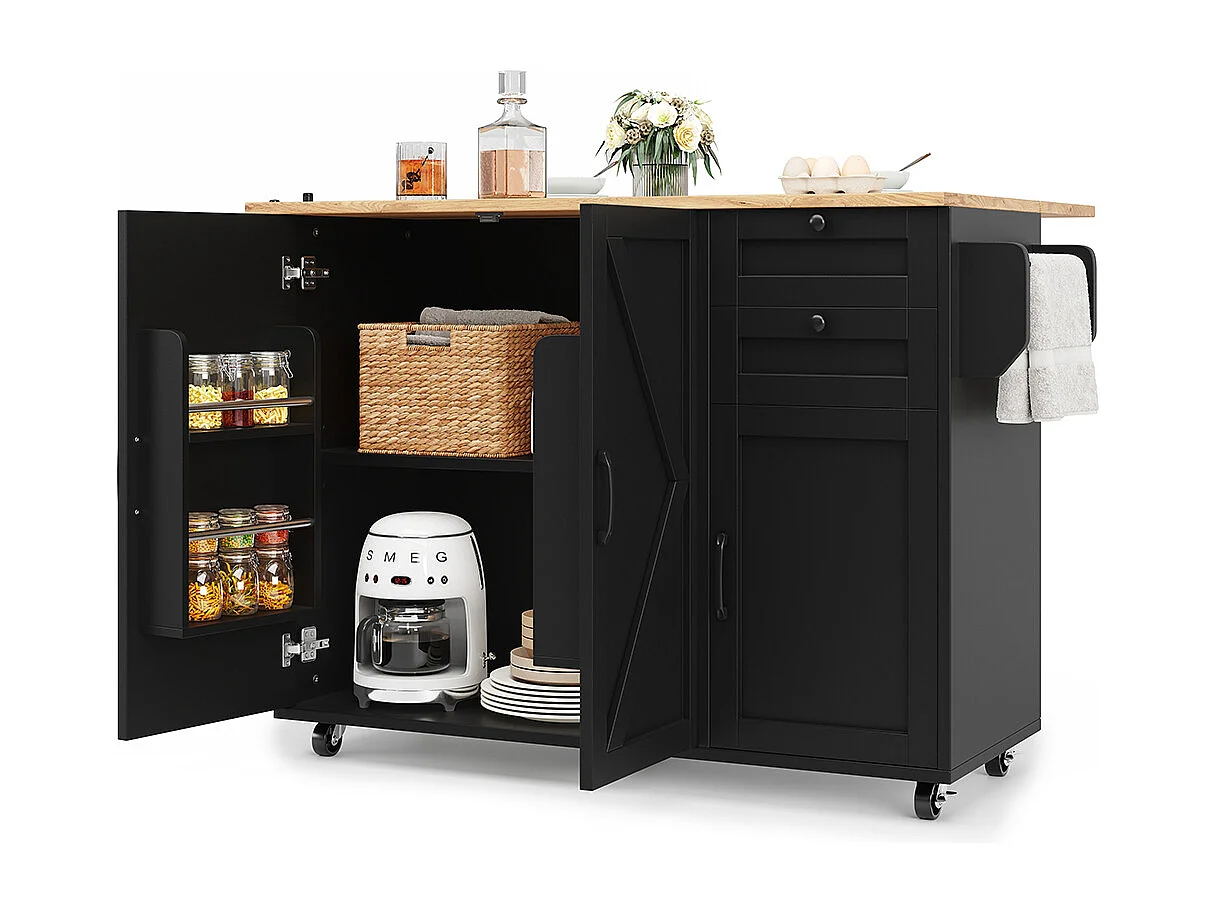 Buffet cuisine îlot noir veinures bois desserte multifonction espace rangement étagères snacks meuble moderne pratique