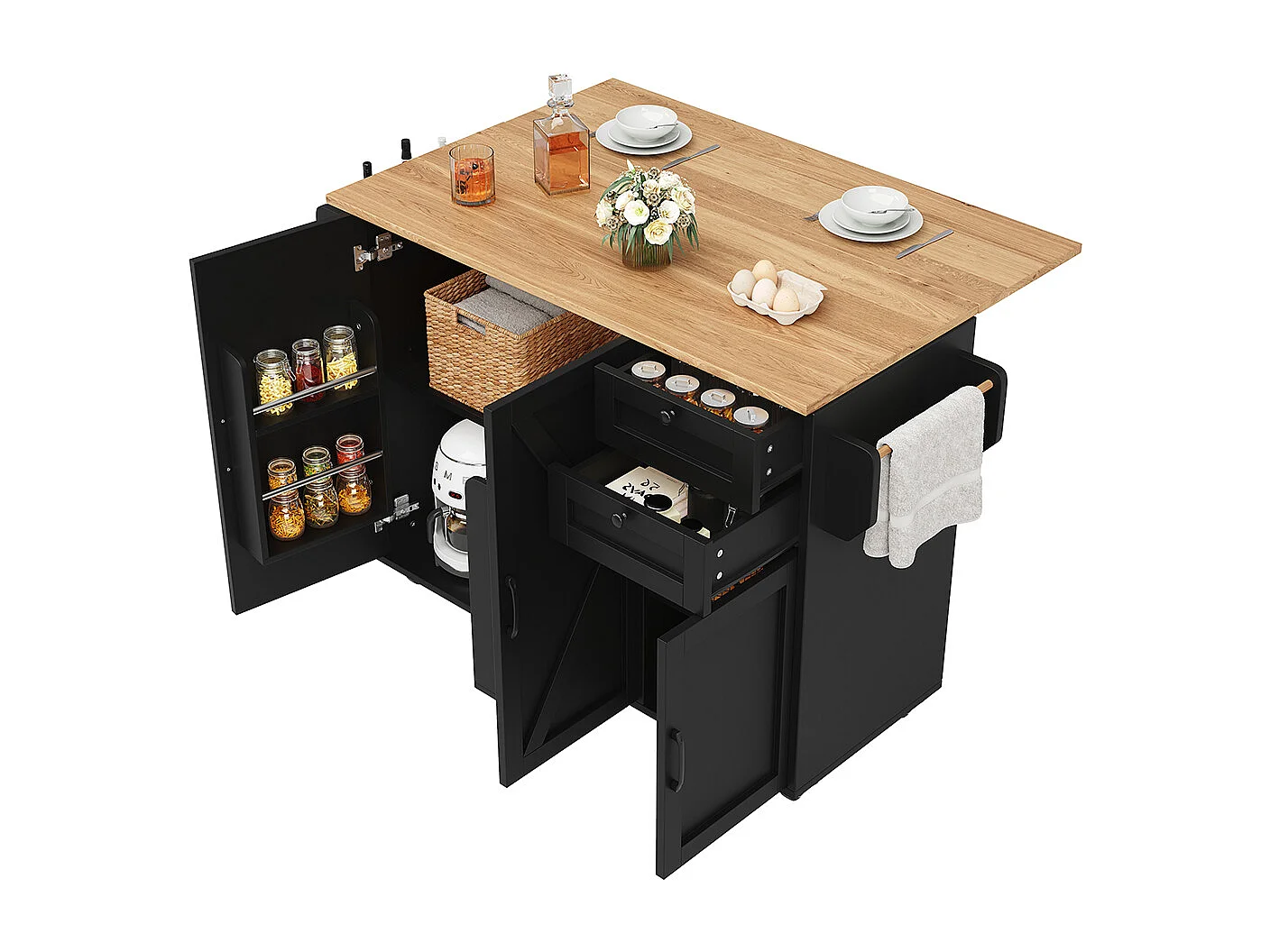 Buffet cuisine îlot noir veinures bois desserte multifonction espace rangement étagères snacks meuble moderne pratique