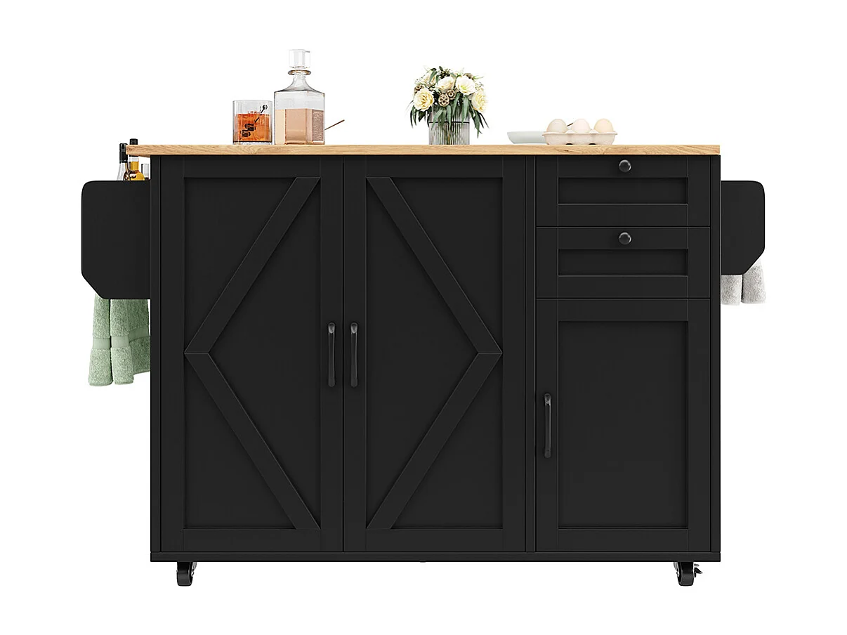 Buffet cuisine îlot noir veinures bois desserte multifonction espace rangement étagères snacks meuble moderne pratique