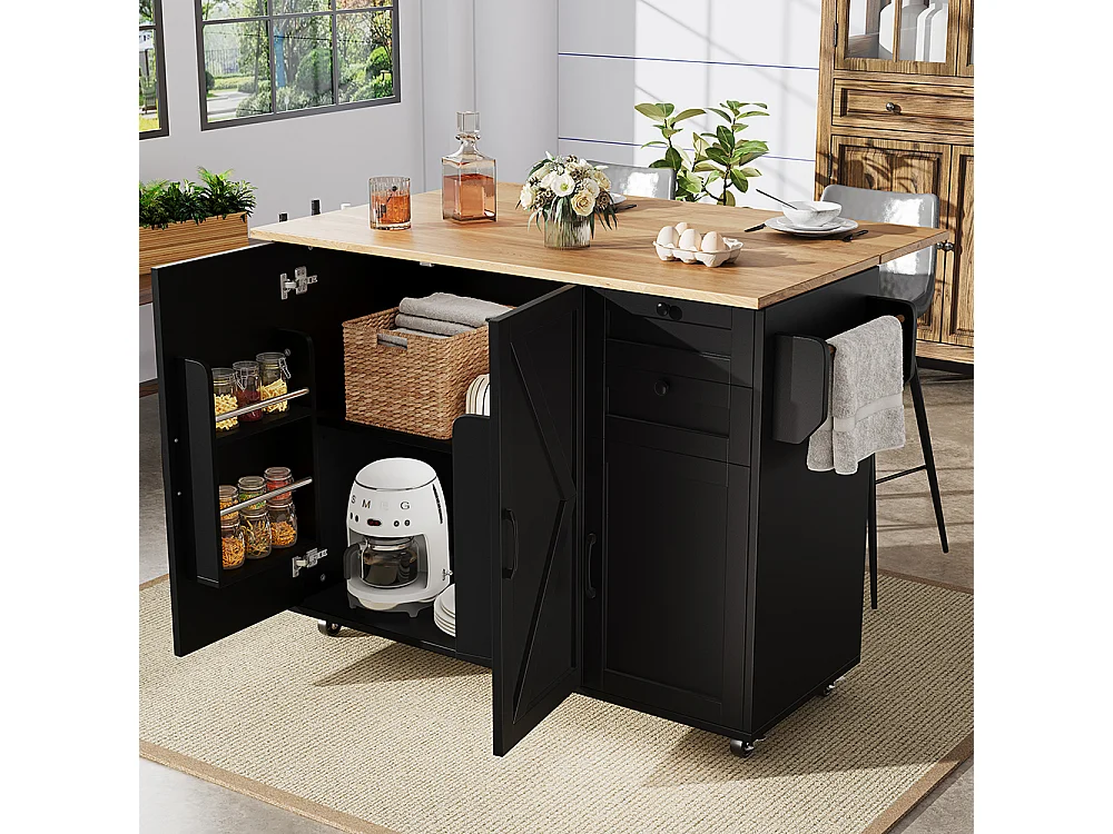 Buffet cuisine îlot noir veinures bois desserte multifonction espace rangement étagères snacks meuble moderne pratique