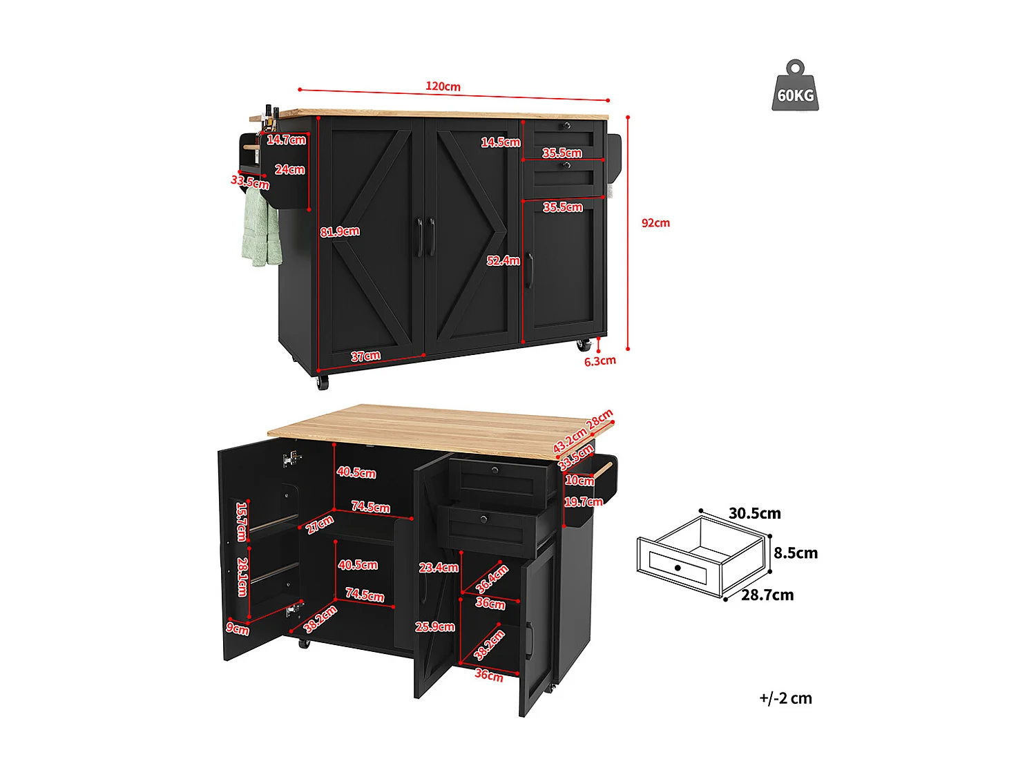 Buffet cuisine îlot noir veinures bois desserte multifonction espace rangement étagères snacks meuble moderne pratique