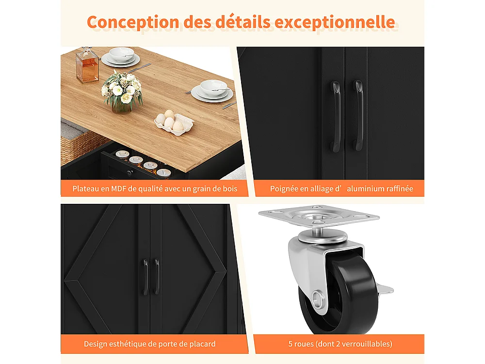 Buffet cuisine îlot noir veinures bois desserte multifonction espace rangement étagères snacks meuble moderne pratique