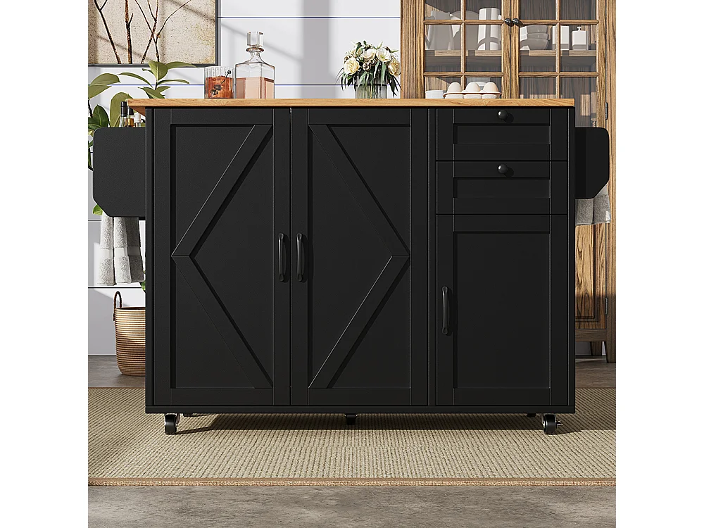 Buffet cuisine îlot noir veinures bois desserte multifonction espace rangement étagères snacks meuble moderne pratique