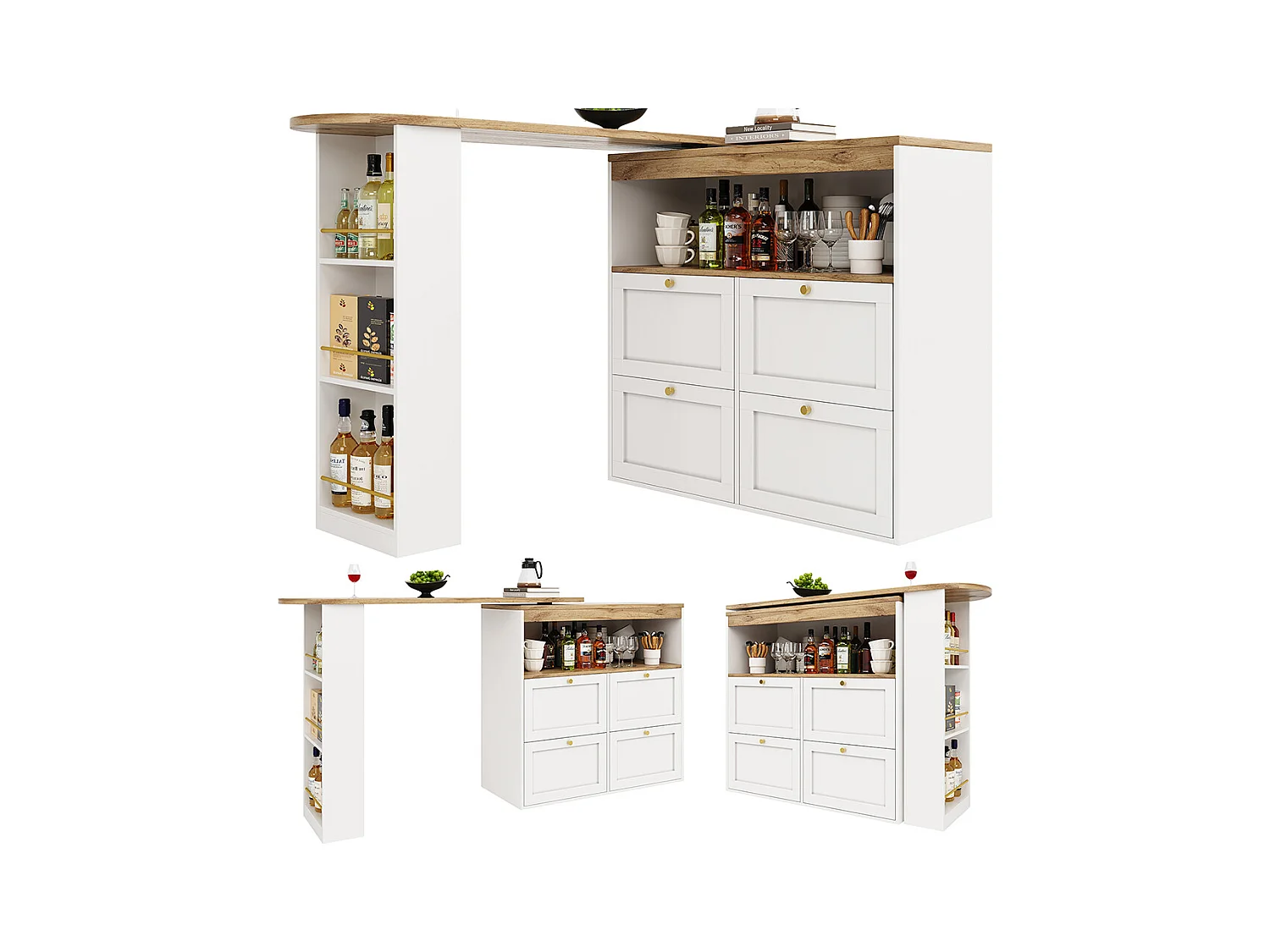 Buffet de cuisine table haute blanche pivotante à 360° avec 4 tiroirs et étagères ouvertes adaptée à la salle à manger bureau ou salon