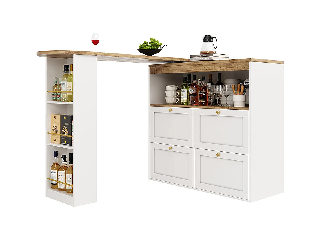 Buffet de cuisine table haute blanche pivotante à 360° avec 4 tiroirs et étagères ouvertes adaptée à la salle à manger bureau ou salon