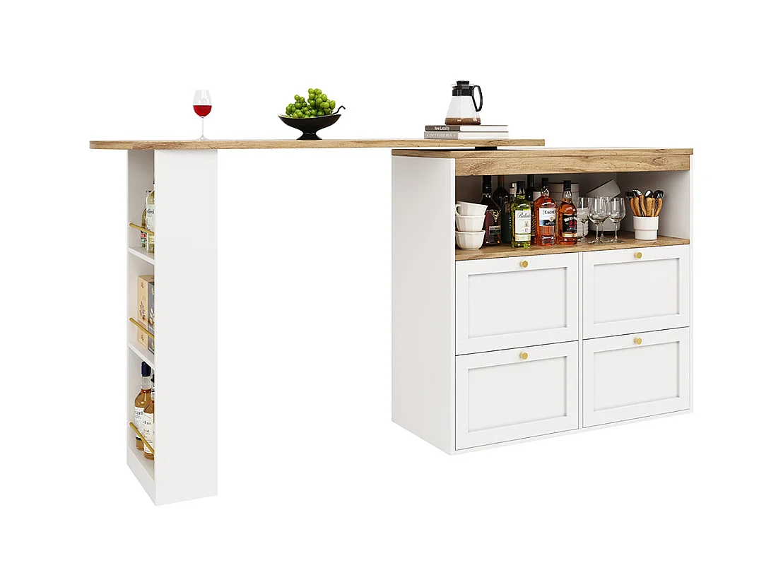 Buffet de cuisine table haute blanche pivotante à 360° avec 4 tiroirs et étagères ouvertes adaptée à la salle à manger bureau ou salon