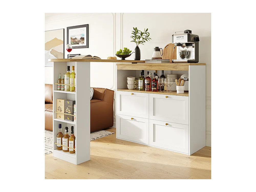 Buffet de cuisine table haute blanche pivotante à 360° avec 4 tiroirs et étagères ouvertes adaptée à la salle à manger bureau ou salon