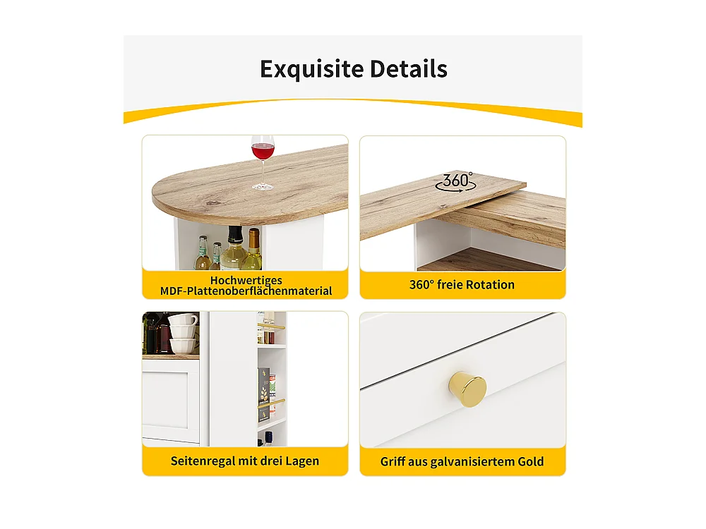 Buffet de cuisine table haute blanche pivotante à 360° avec 4 tiroirs et étagères ouvertes adaptée à la salle à manger bureau ou salon