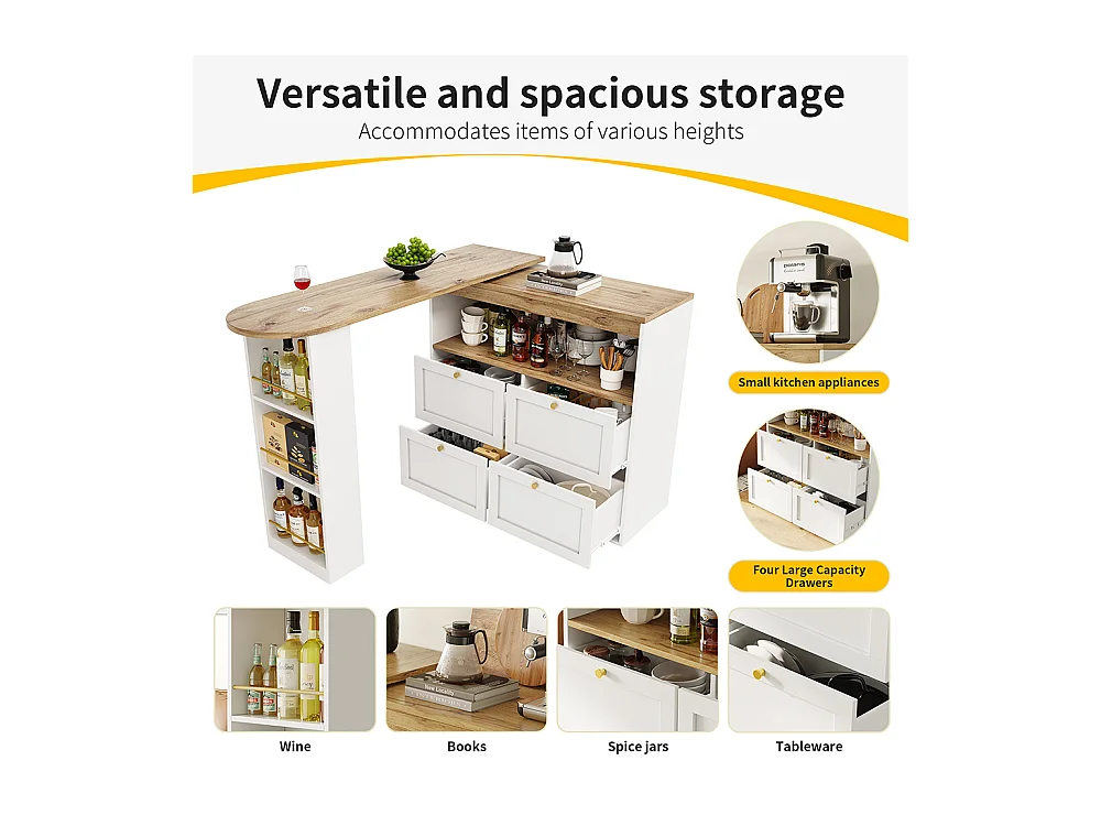 Buffet de cuisine table haute blanche pivotante à 360° avec 4 tiroirs et étagères ouvertes adaptée à la salle à manger bureau ou salon