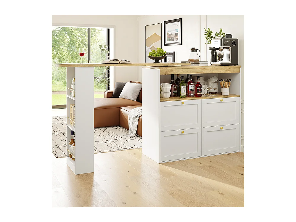 Buffet de cuisine table haute blanche pivotante à 360° avec 4 tiroirs et étagères ouvertes adaptée à la salle à manger bureau ou salon