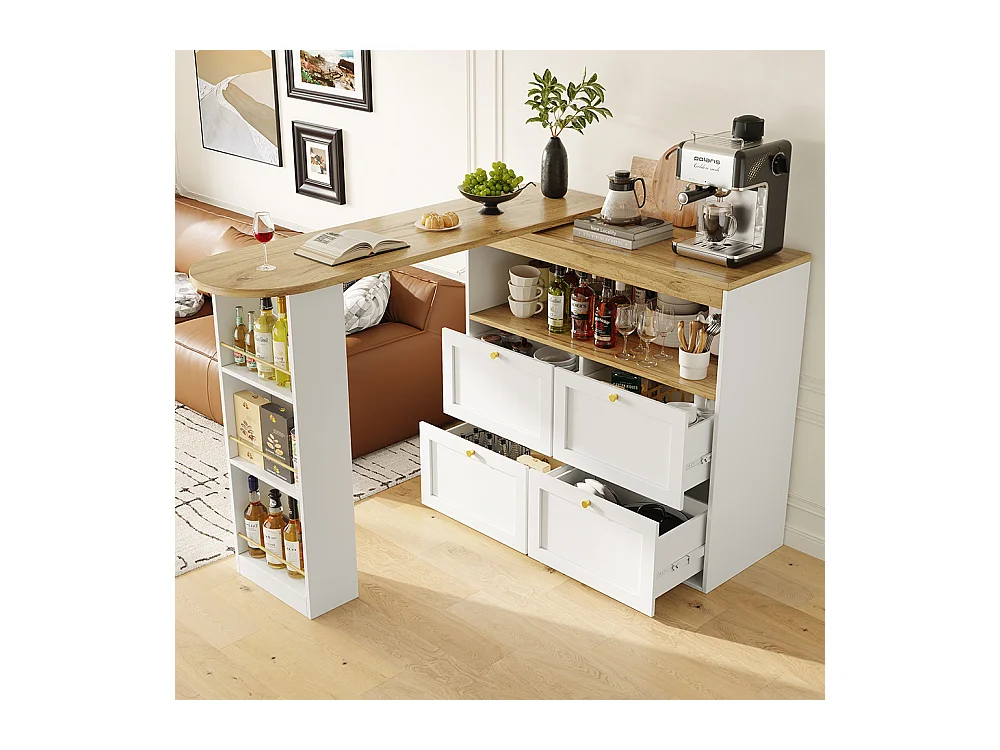 Buffet de cuisine table haute blanche pivotante à 360° avec 4 tiroirs et étagères ouvertes adaptée à la salle à manger bureau ou salon