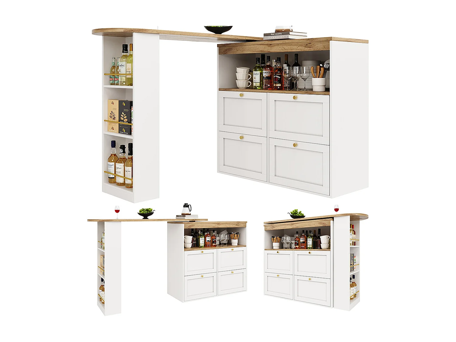 Buffet de cuisine table haute blanche pivotante à 360° avec 4 tiroirs et étagères ouvertes adaptée à la salle à manger bureau ou salon