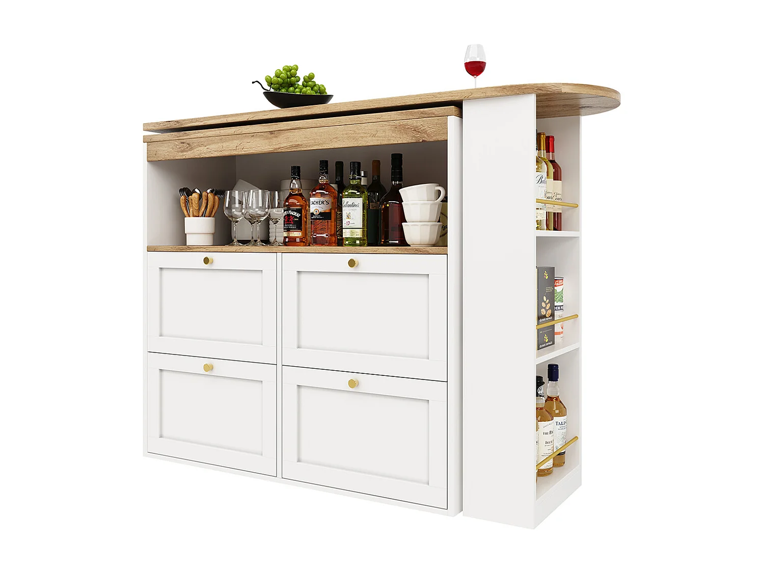 Buffet de cuisine table haute blanche pivotante à 360° avec 4 tiroirs et étagères ouvertes adaptée à la salle à manger bureau ou salon