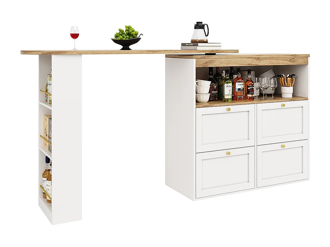 Buffet de cuisine table haute blanche pivotante à 360° avec 4 tiroirs et étagères ouvertes adaptée à la salle à manger bureau ou salon