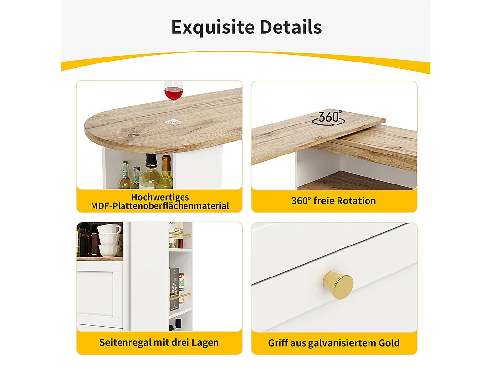 Buffet de cuisine table haute blanche pivotante à 360° avec 4 tiroirs et étagères ouvertes adaptée à la salle à manger bureau ou salon