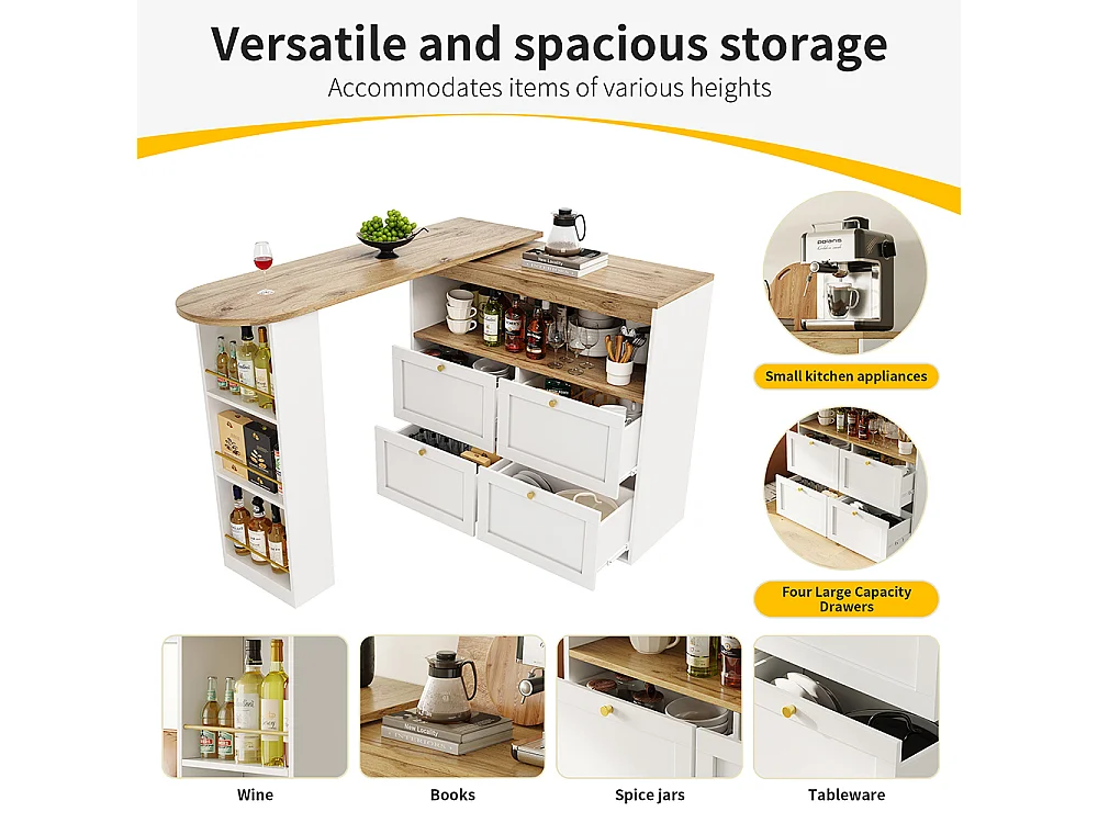 Buffet de cuisine table haute blanche pivotante à 360° avec 4 tiroirs et étagères ouvertes adaptée à la salle à manger bureau ou salon