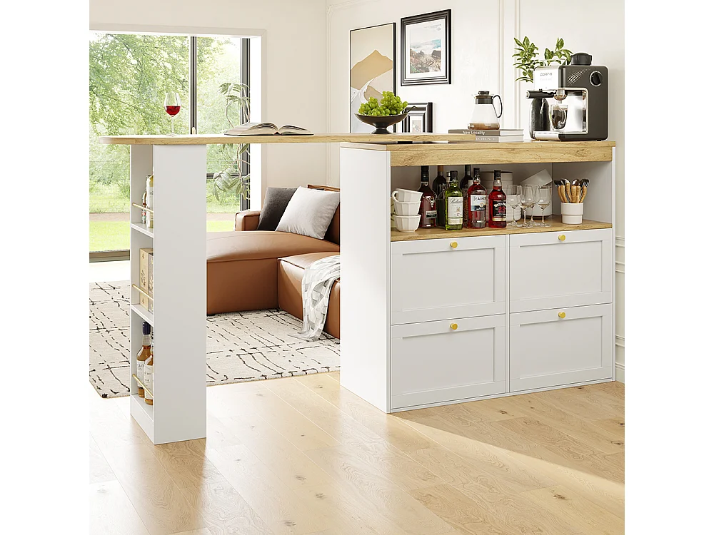 Buffet de cuisine table haute blanche pivotante à 360° avec 4 tiroirs et étagères ouvertes adaptée à la salle à manger bureau ou salon