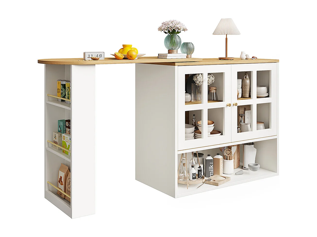 Buffet cuisine pivotant 360 blanc moderne 5 rangements étagère snacks meuble salon chambre salle à manger multifonction