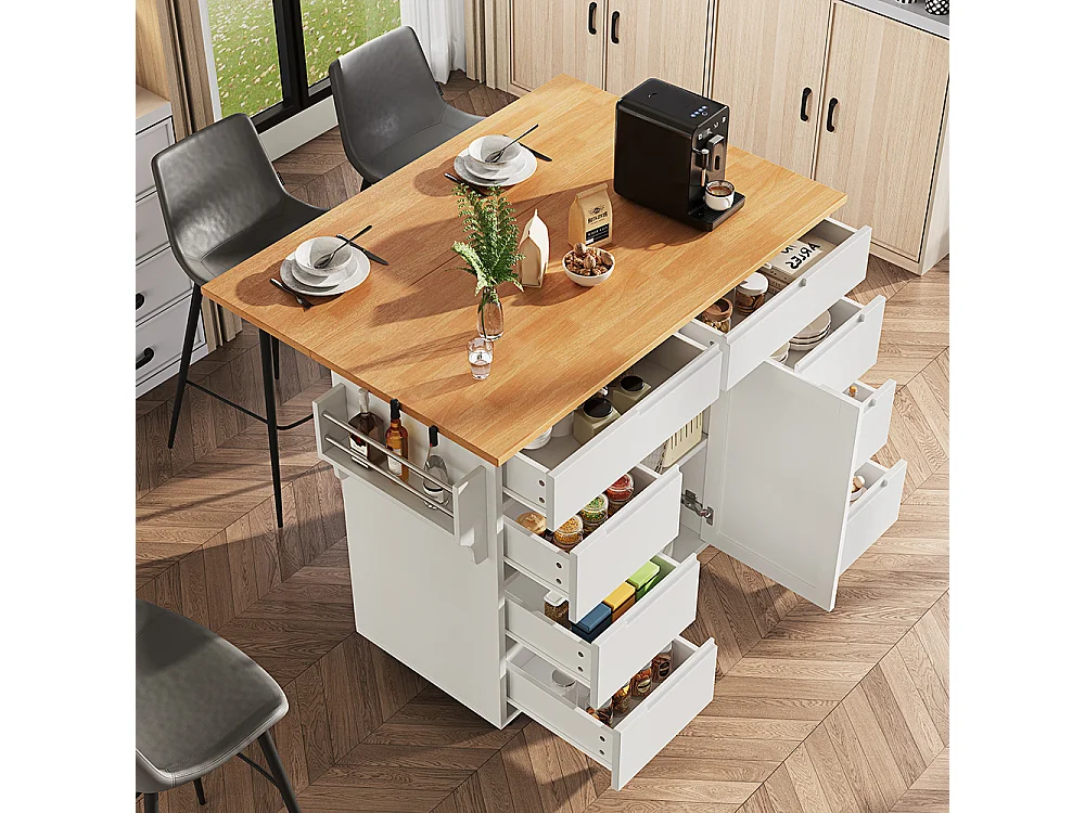 Buffet de cuisine blanc moderne extensible avec roulettes plan de travail étagère à épices et 8 tiroirs chariot de service fonctionnel