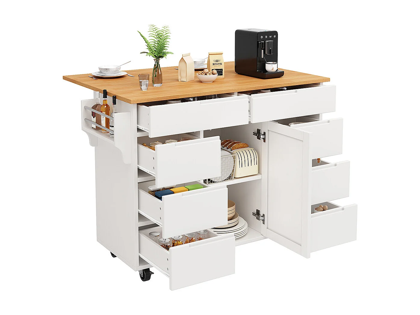 Buffet de cuisine blanc moderne extensible avec roulettes plan de travail étagère à épices et 8 tiroirs chariot de service fonctionnel