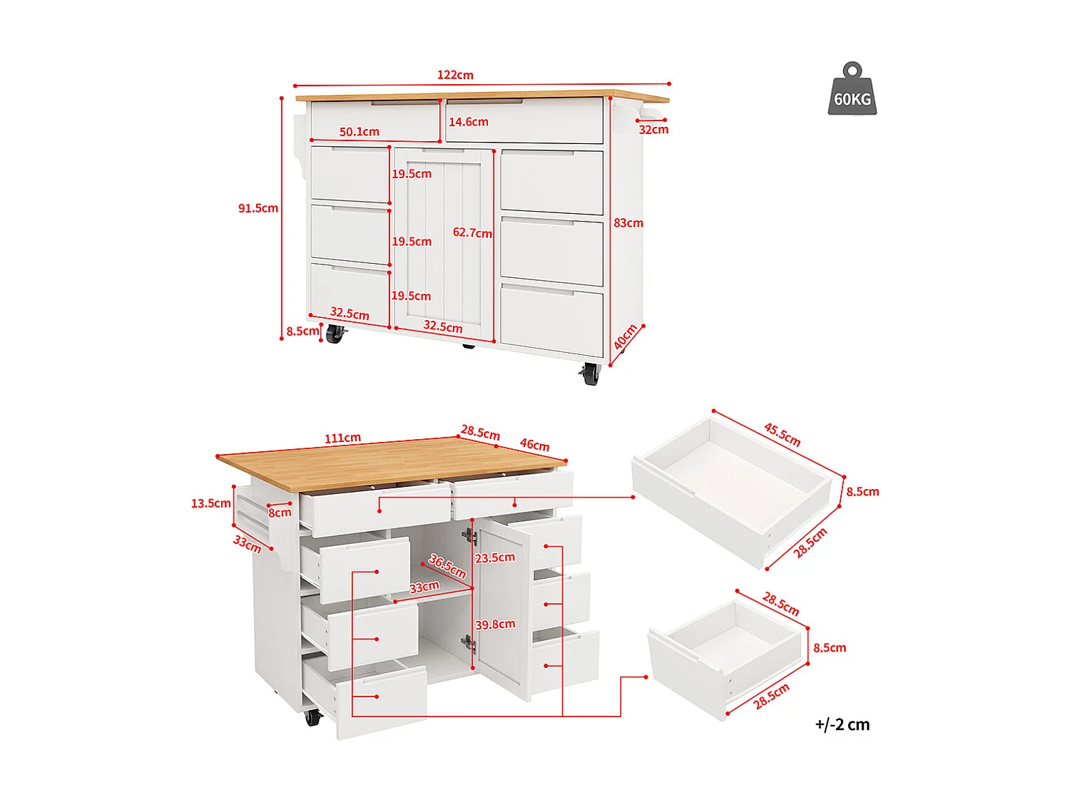 Buffet de cuisine blanc moderne extensible avec roulettes plan de travail étagère à épices et 8 tiroirs chariot de service fonctionnel