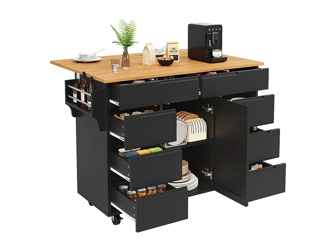 Buffet de cuisine noir moderne extensible avec roulettes plan de travail étagère à épices et 8 tiroirs chariot de service fonctionnel