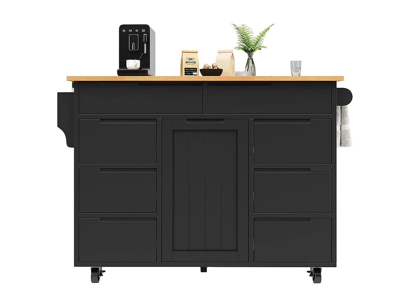 Buffet de cuisine noir moderne extensible avec roulettes plan de travail étagère à épices et 8 tiroirs chariot de service fonctionnel
