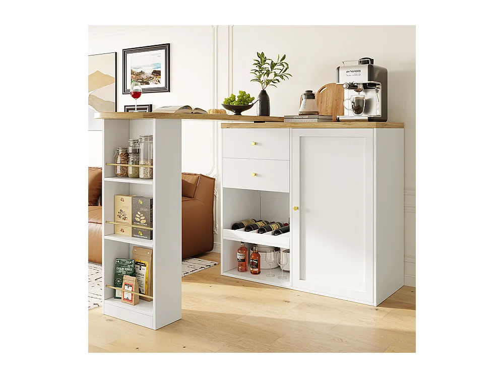 Buffet cuisine table bar pivotante 360 2 tiroirs armoire porte coulissante 3 niveaux rangement ouvert meuble salle à manger moderne