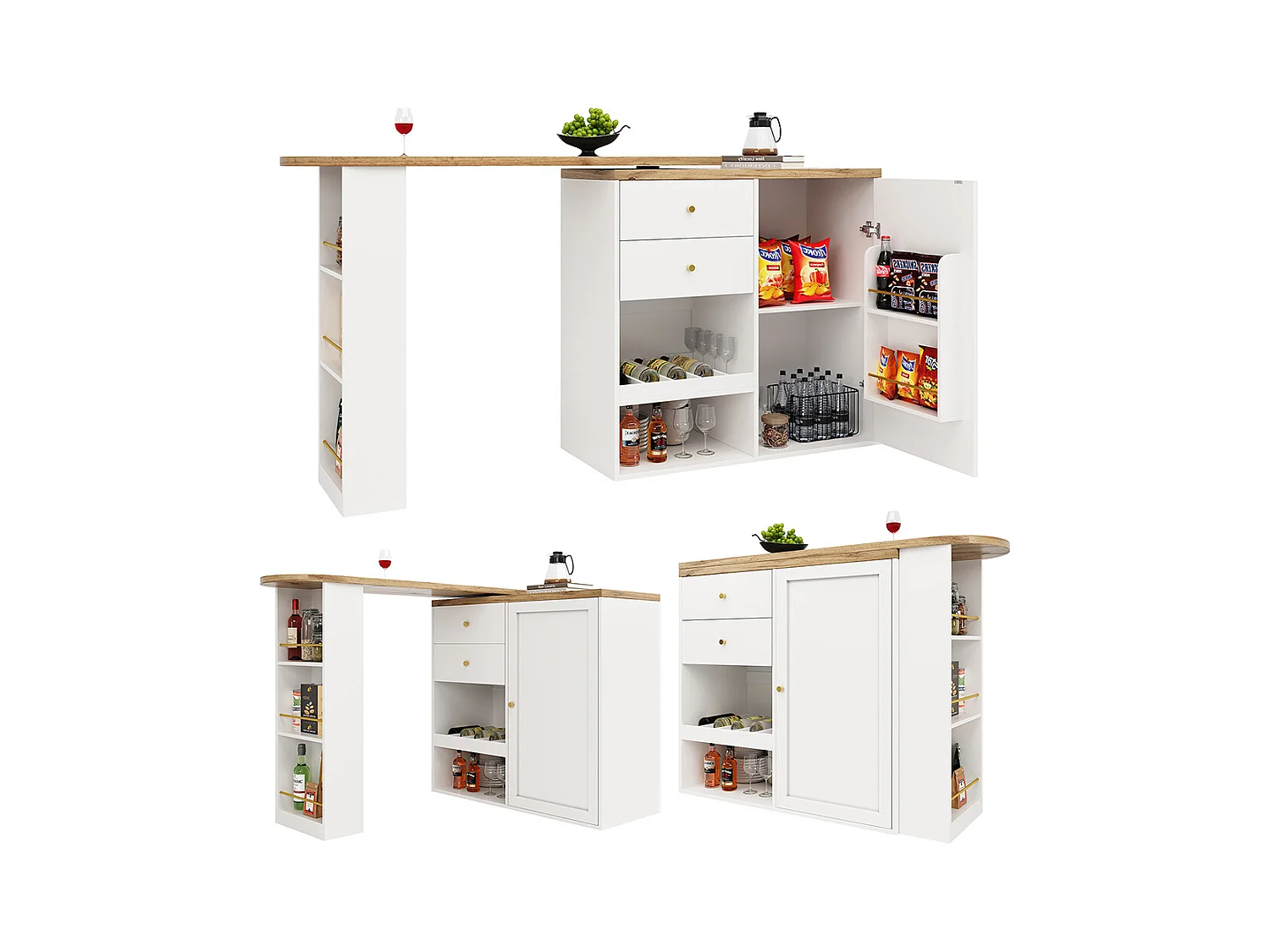 Buffet cuisine table bar pivotante 360 2 tiroirs armoire porte coulissante 3 niveaux rangement ouvert meuble salle à manger moderne