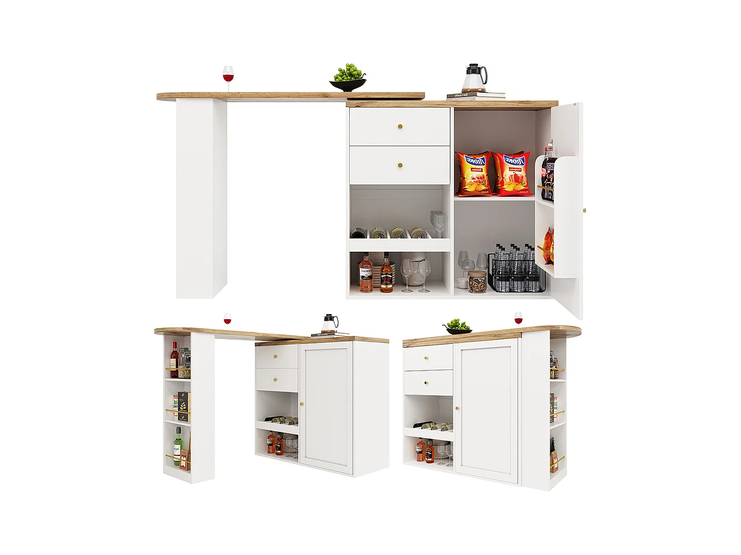 Buffet cuisine table bar pivotante 360 2 tiroirs armoire porte coulissante 3 niveaux rangement ouvert meuble salle à manger moderne