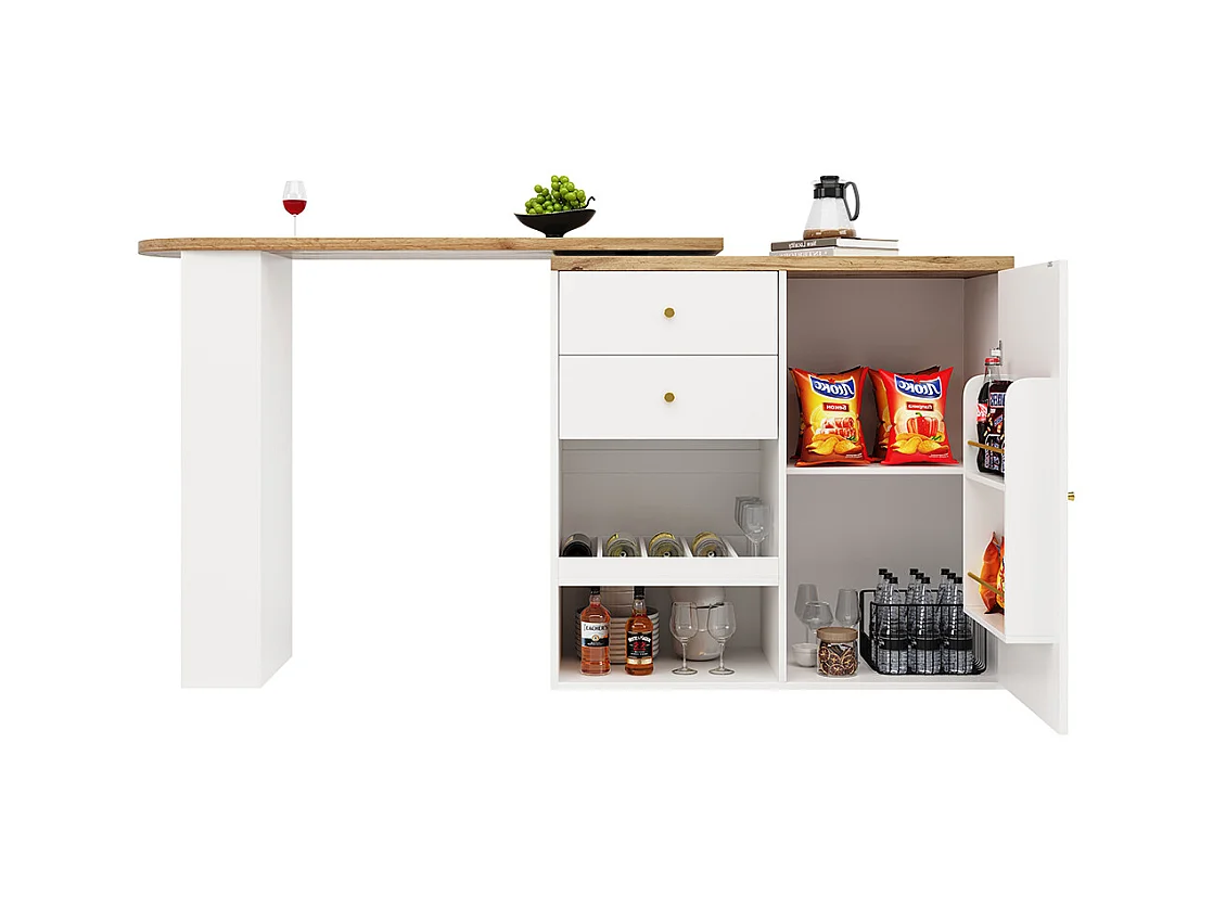 Buffet cuisine table bar pivotante 360 2 tiroirs armoire porte coulissante 3 niveaux rangement ouvert meuble salle à manger moderne