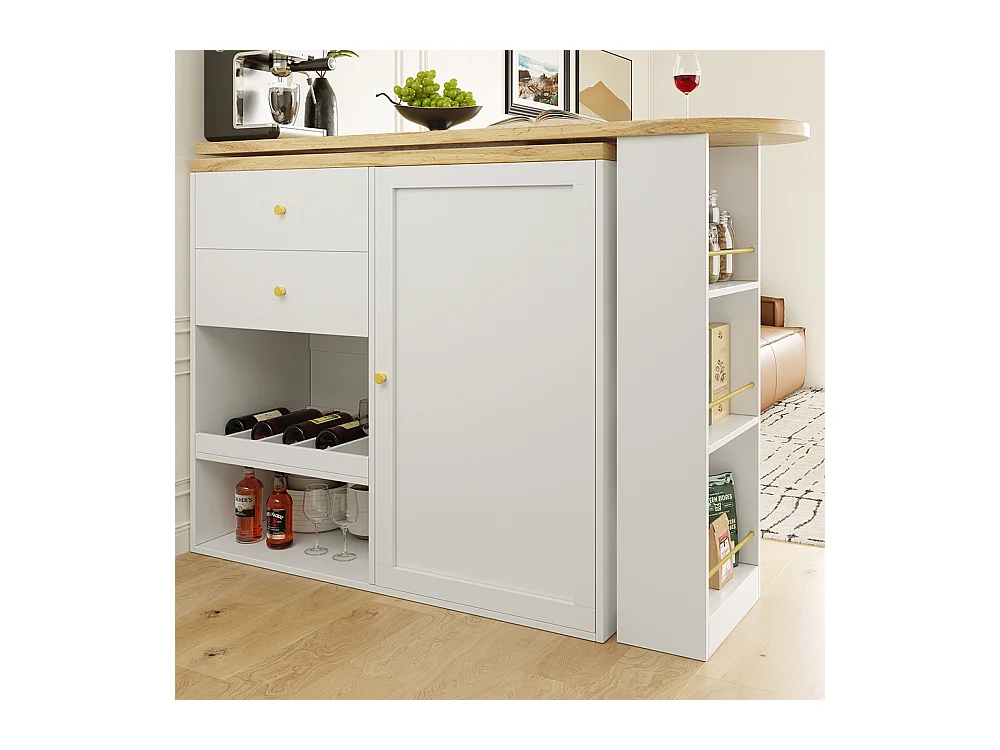 Buffet cuisine table bar pivotante 360 2 tiroirs armoire porte coulissante 3 niveaux rangement ouvert meuble salle à manger moderne