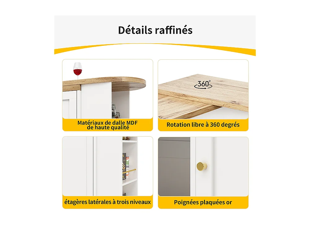 Buffet cuisine table bar pivotante 360 2 tiroirs armoire porte coulissante 3 niveaux rangement ouvert meuble salle à manger moderne