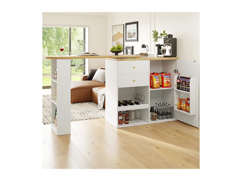 Buffet cuisine table bar pivotante 360 2 tiroirs armoire porte coulissante 3 niveaux rangement ouvert meuble salle à manger moderne
