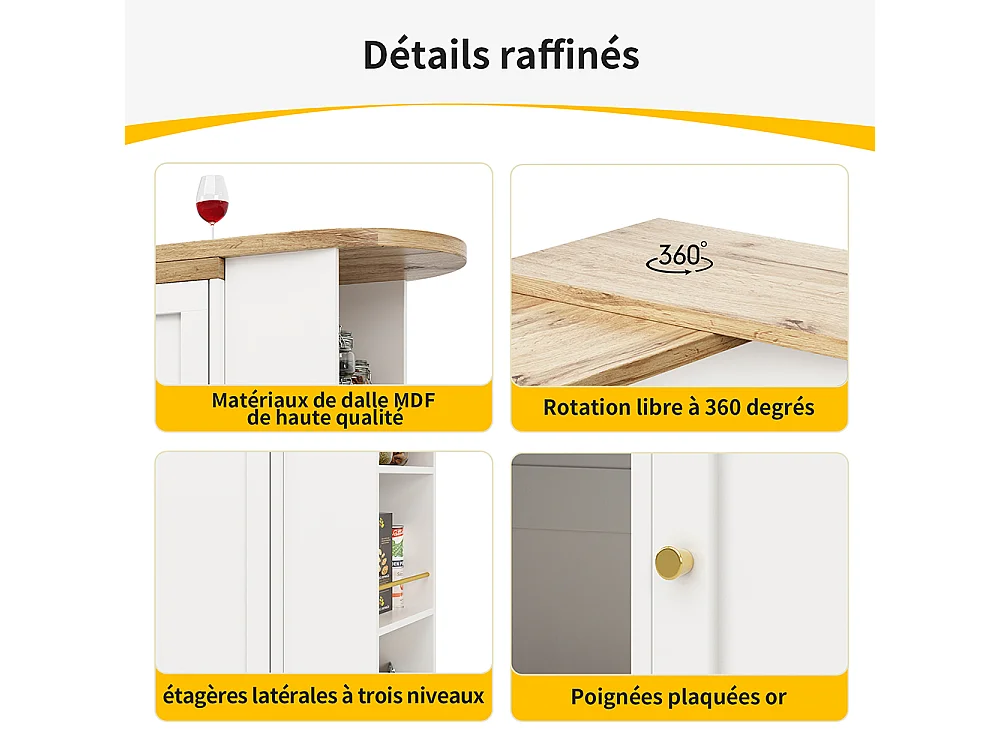 Buffet cuisine table bar pivotante 360 2 tiroirs armoire porte coulissante 3 niveaux rangement ouvert meuble salle à manger moderne