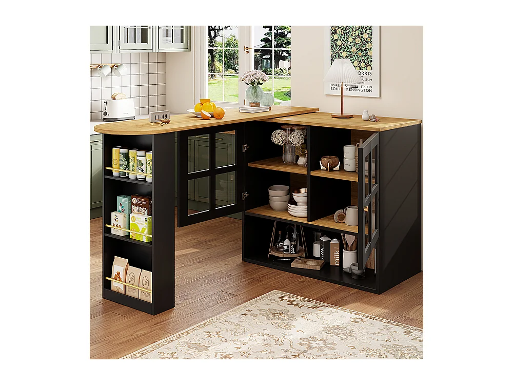 Buffet cuisine pivotant 360 noir moderne 5 rangements étagère snacks meuble salon chambre salle à manger multifonction