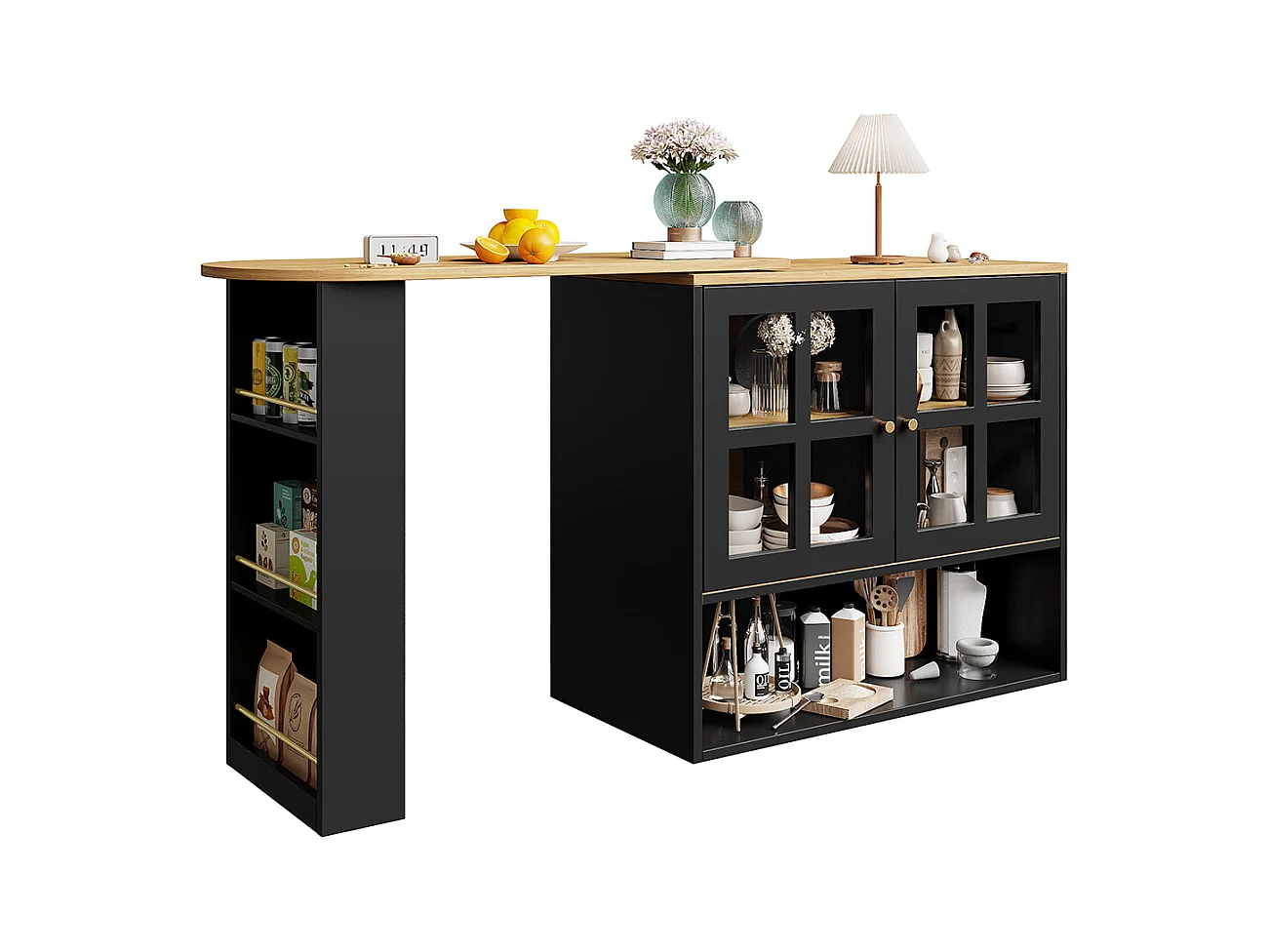 Buffet cuisine pivotant 360 noir moderne 5 rangements étagère snacks meuble salon chambre salle à manger multifonction