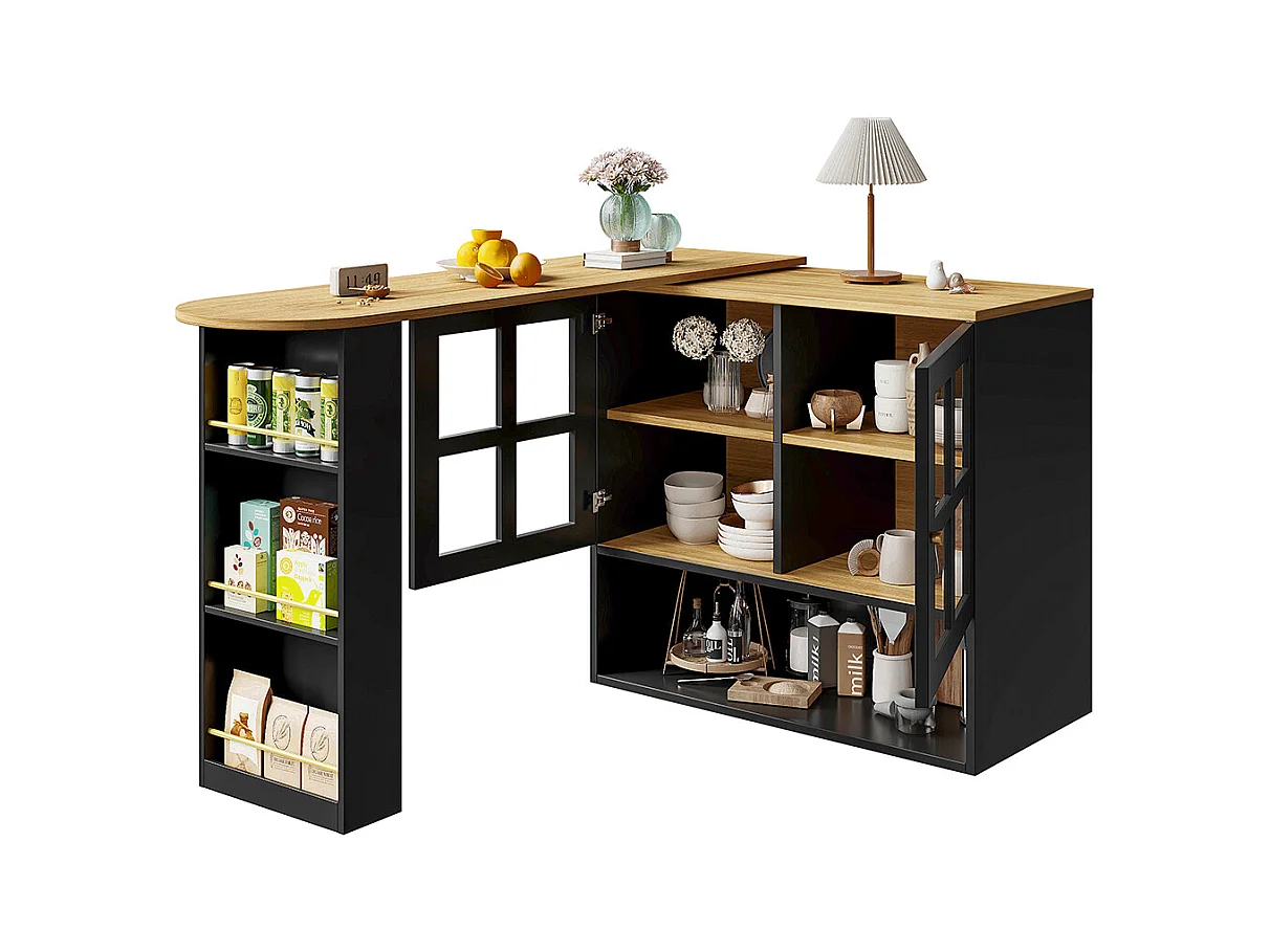 Buffet cuisine pivotant 360 noir moderne 5 rangements étagère snacks meuble salon chambre salle à manger multifonction