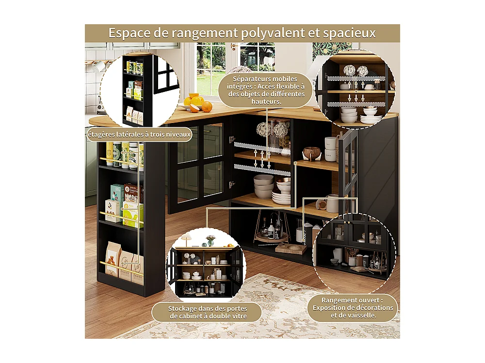 Buffet cuisine pivotant 360 noir moderne 5 rangements étagère snacks meuble salon chambre salle à manger multifonction