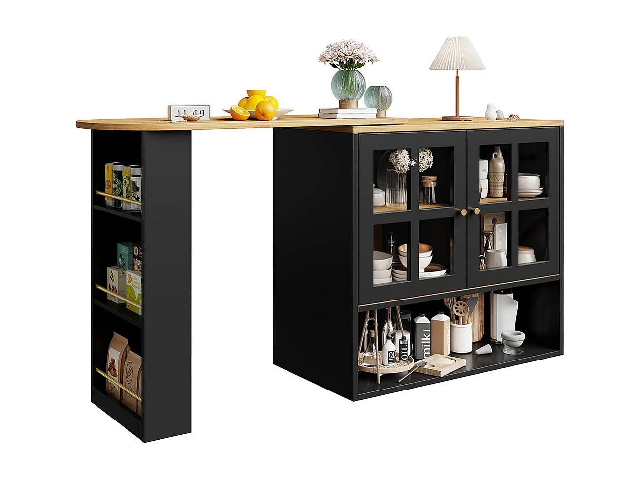 Buffet cuisine pivotant 360 noir moderne 5 rangements étagère snacks meuble salon chambre salle à manger multifonction