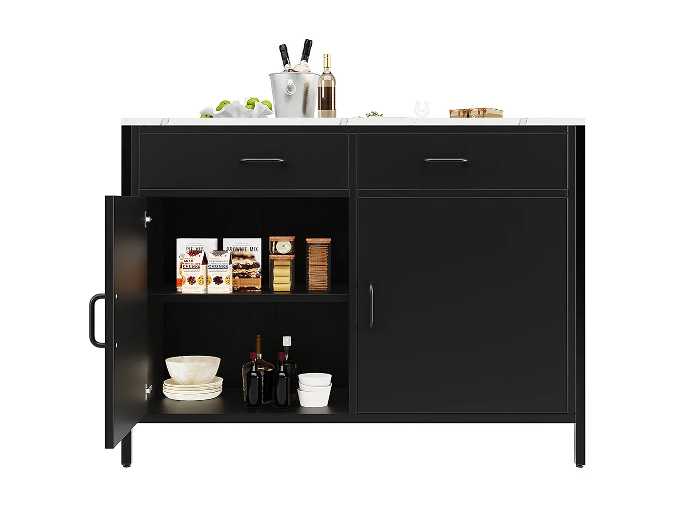 Buffet de cuisine table haute noire moderne avec plan de travail plateau effet marbre et pieds réglables pour salon ou salle à manger