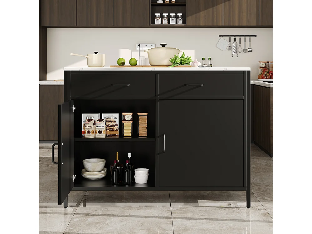 Buffet de cuisine table haute noire moderne avec plan de travail plateau effet marbre et pieds réglables pour salon ou salle à manger