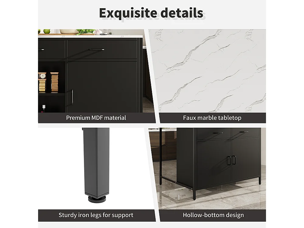 Buffet de cuisine table haute noire moderne avec plan de travail plateau effet marbre et pieds réglables pour salon ou salle à manger