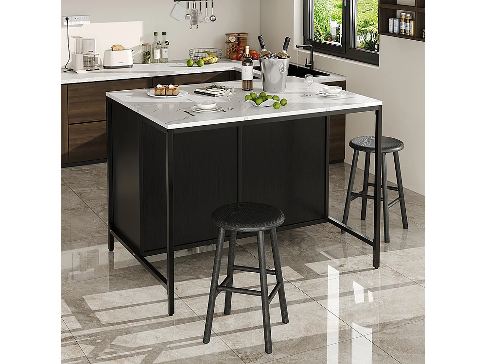 Buffet de cuisine table haute noire moderne avec plan de travail plateau effet marbre et pieds réglables pour salon ou salle à manger