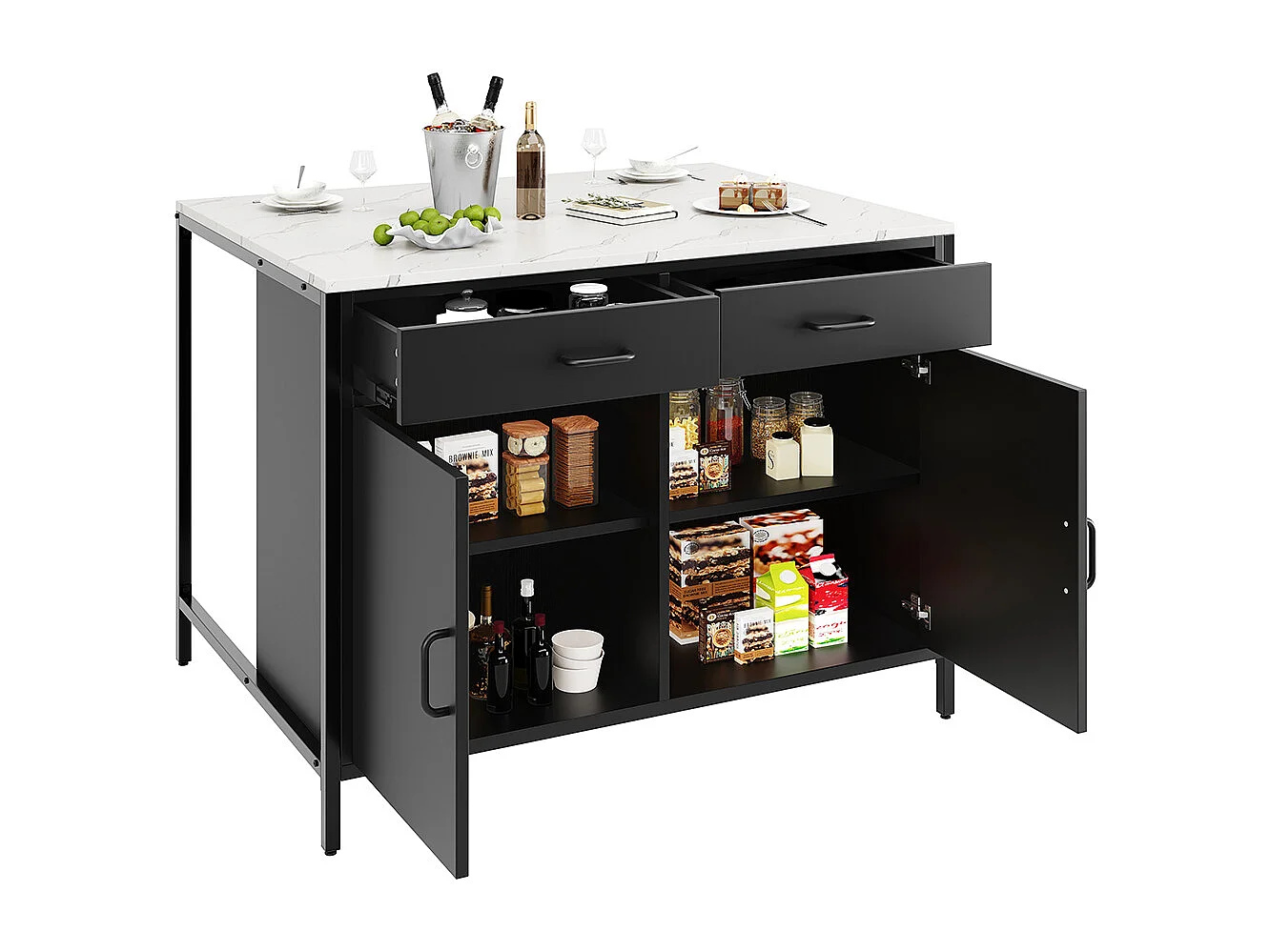Buffet de cuisine table haute noire moderne avec plan de travail plateau effet marbre et pieds réglables pour salon ou salle à manger