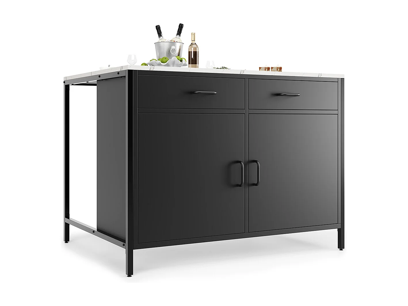 Buffet de cuisine table haute noire moderne avec plan de travail plateau effet marbre et pieds réglables pour salon ou salle à manger