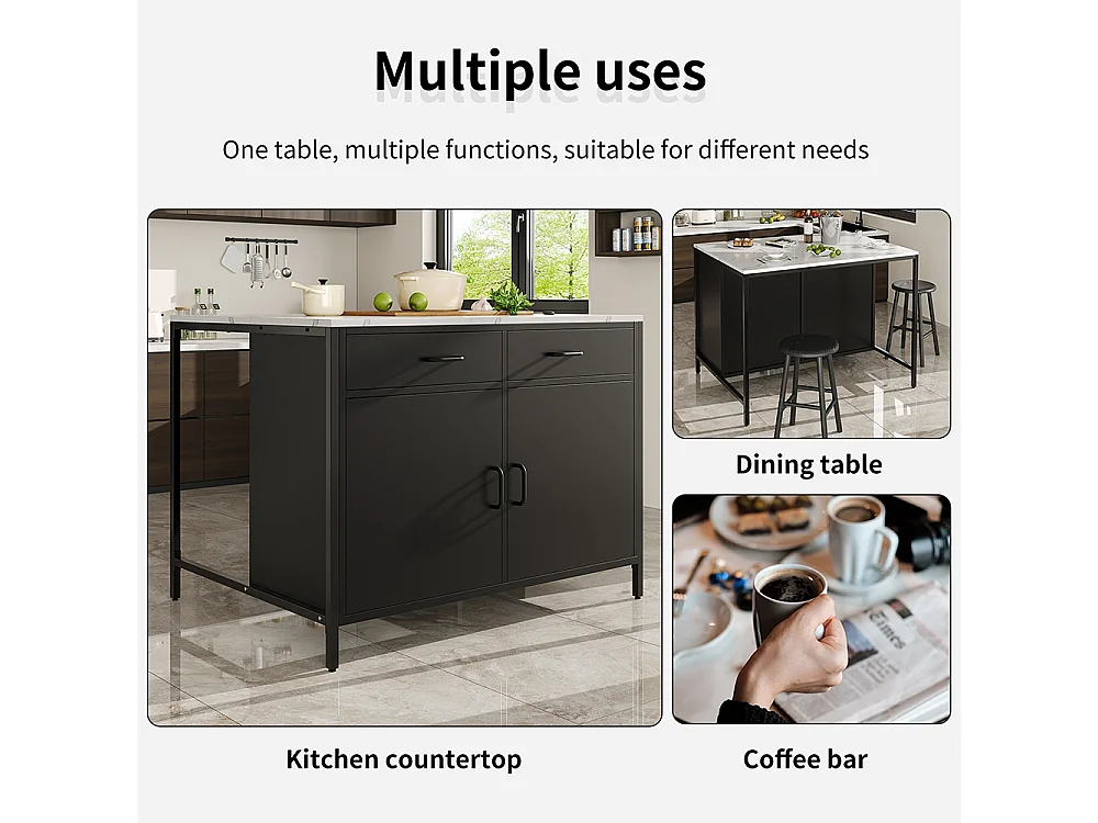 Buffet de cuisine table haute noire moderne avec plan de travail plateau effet marbre et pieds réglables pour salon ou salle à manger