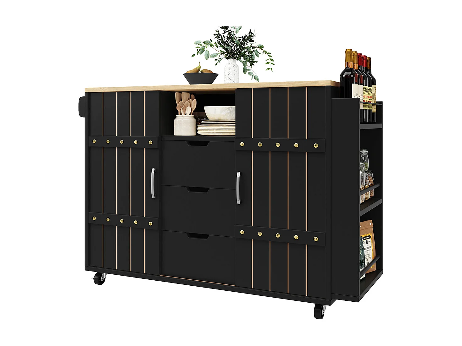 Buffet cuisine noir roulettes plan bois tiroirs portes coulissantes étagère épices porte serviettes îlot central pratique moderne