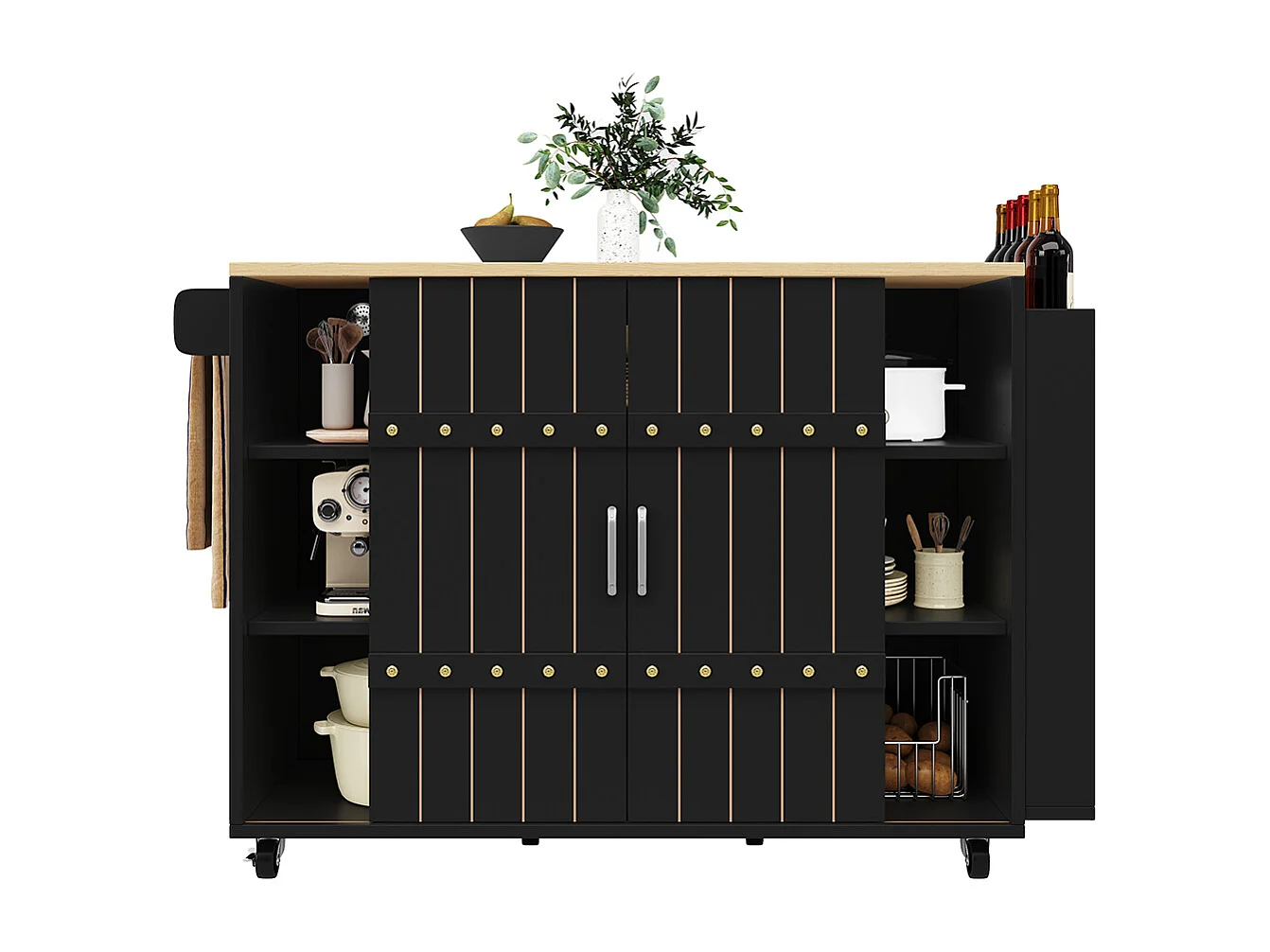 Buffet cuisine noir roulettes plan bois tiroirs portes coulissantes étagère épices porte serviettes îlot central pratique moderne