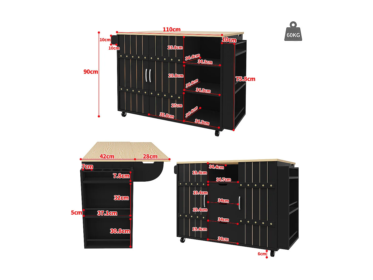 Buffet cuisine noir roulettes plan bois tiroirs portes coulissantes étagère épices porte serviettes îlot central pratique moderne